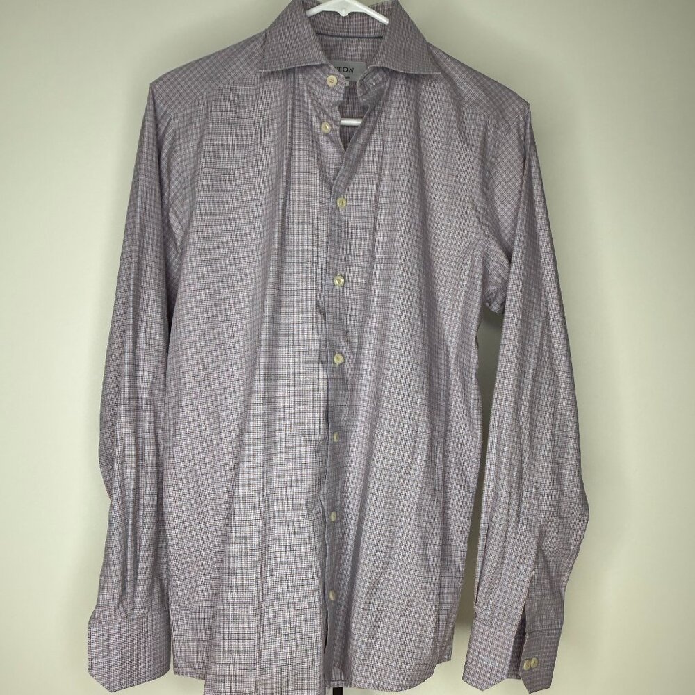 Eton Dress Shirt Mens Small Blue Check Contemporary Button Up Long Sleeve